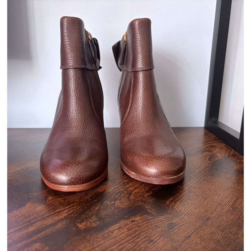 KATE SPADE NEW YORK Lanise Leather Ankle Booties | Size 7.5 | Brown | Bow Back